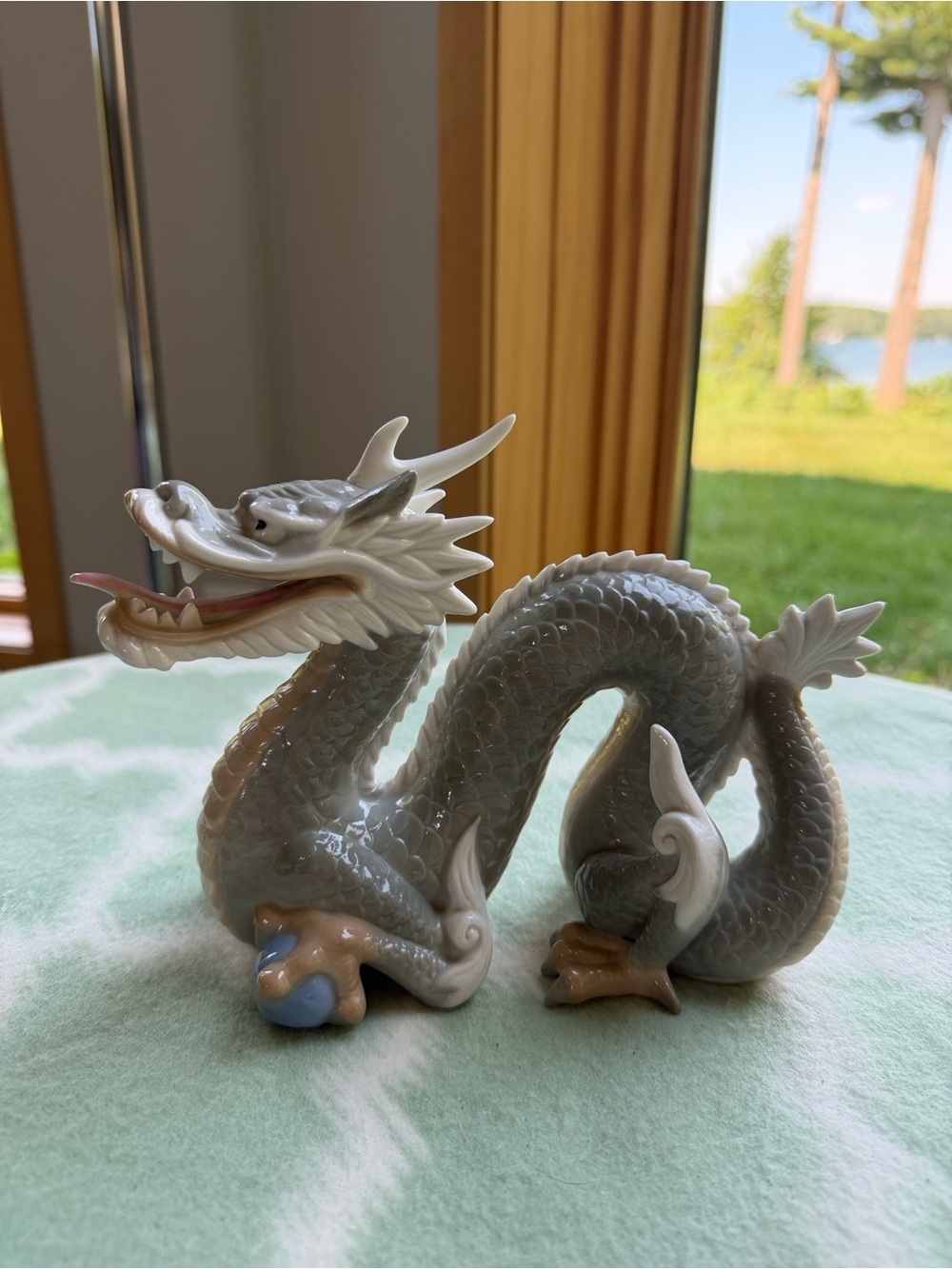 Vintage Gray Porcelain Dragon Figurine with Blue Sphere - Decorative Home Art